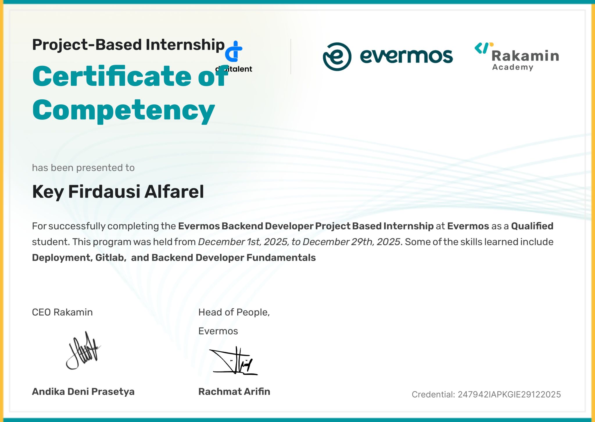 Rakamin Evermos Completion Certificate